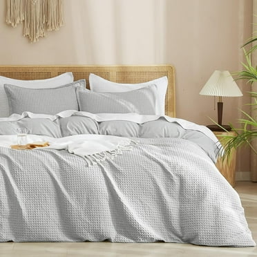 PHF Waffle Duvet Cover Set Queen Size, 3 Pieces Soft Breathable Bedding Comforter Cover for All Seasons, Waffle Textured Duvet Cover with 2 Pillow Shams Bedding Collection, 90"x90", Light Grey