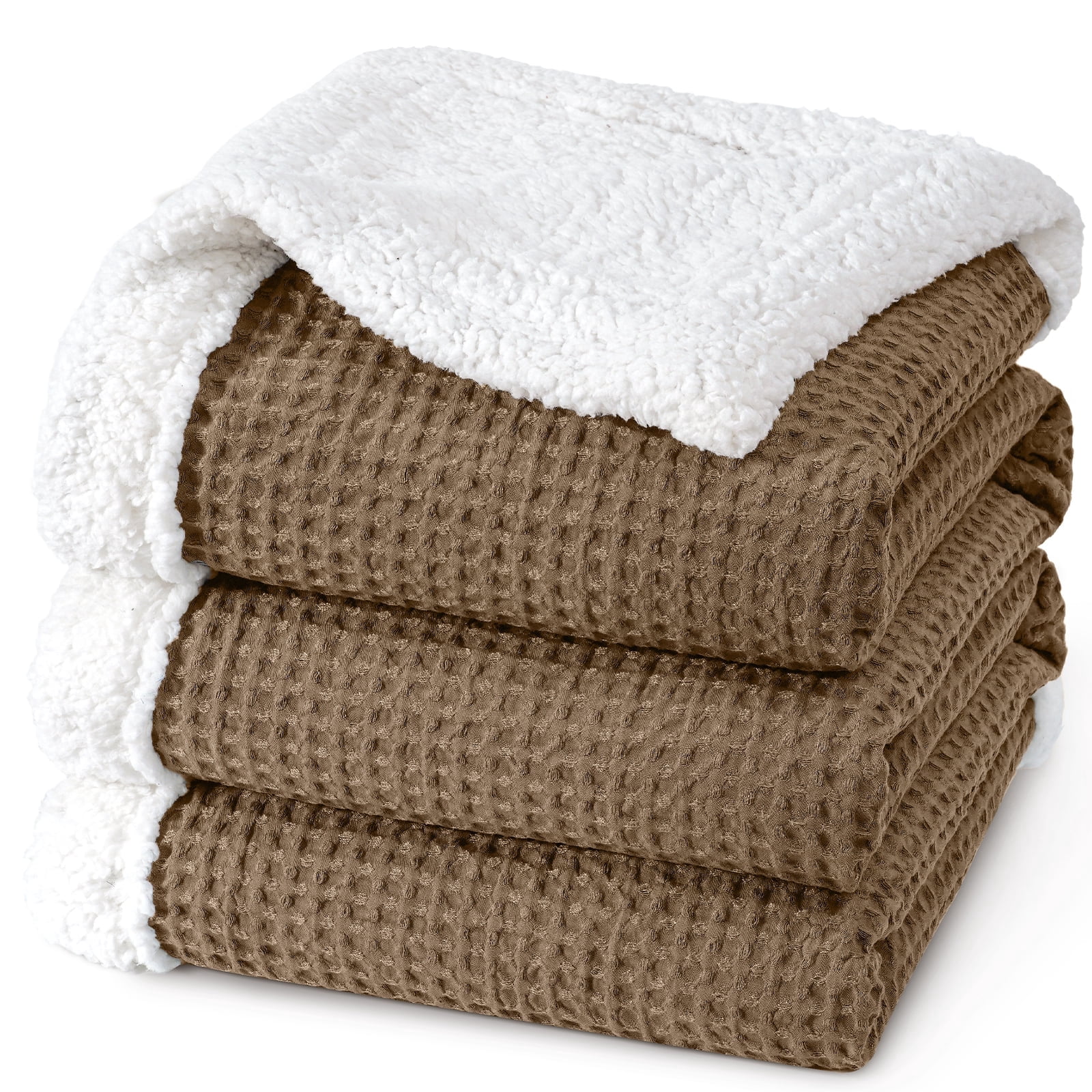 PHF Waffle Sherpa Bed Blanket King Size, Cozy Warm Reversible Plush Flannel Blanket for Winter, 104" x 90", Mocha