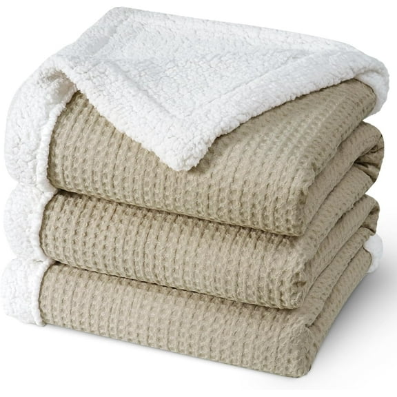PHF Waffle Sherpa Bed Blanket Queen Size, Cozy Warm Reversible Plush Flannel Blanket for Winter, 90" x 90", Khaki