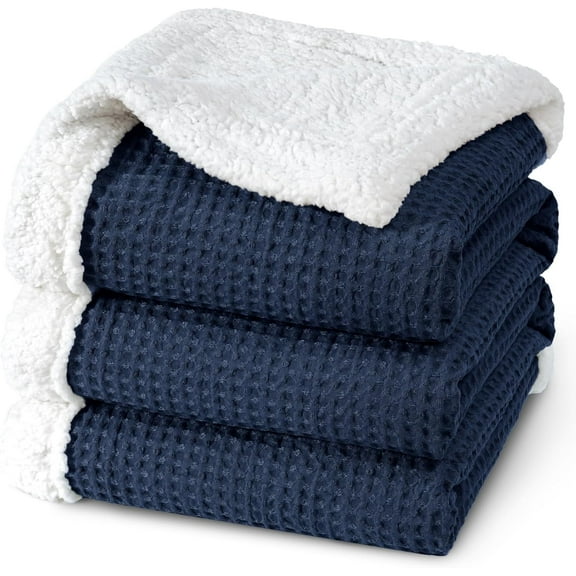 PHF Waffle Sherpa Bed Blanket Queen Size, Cozy Warm Reversible Plush Flannel Blanket for Winter, 90" x 90", Navy Blue