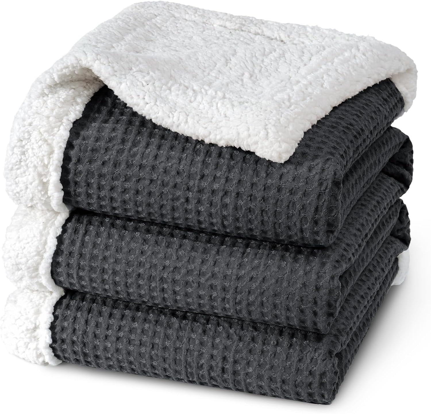 PHF Waffle Sherpa Bed Blanket Twin Size, Cozy Warm Reversible Plush Flannel Blanket for Winter, 60" x 80", Black