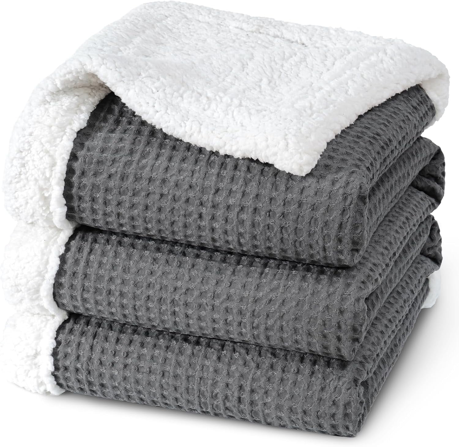 PHF Waffle Sherpa Bed Blanket Twin Size, Cozy Warm Reversible Plush Flannel Blanket for Winter, 60" x 80", Grey