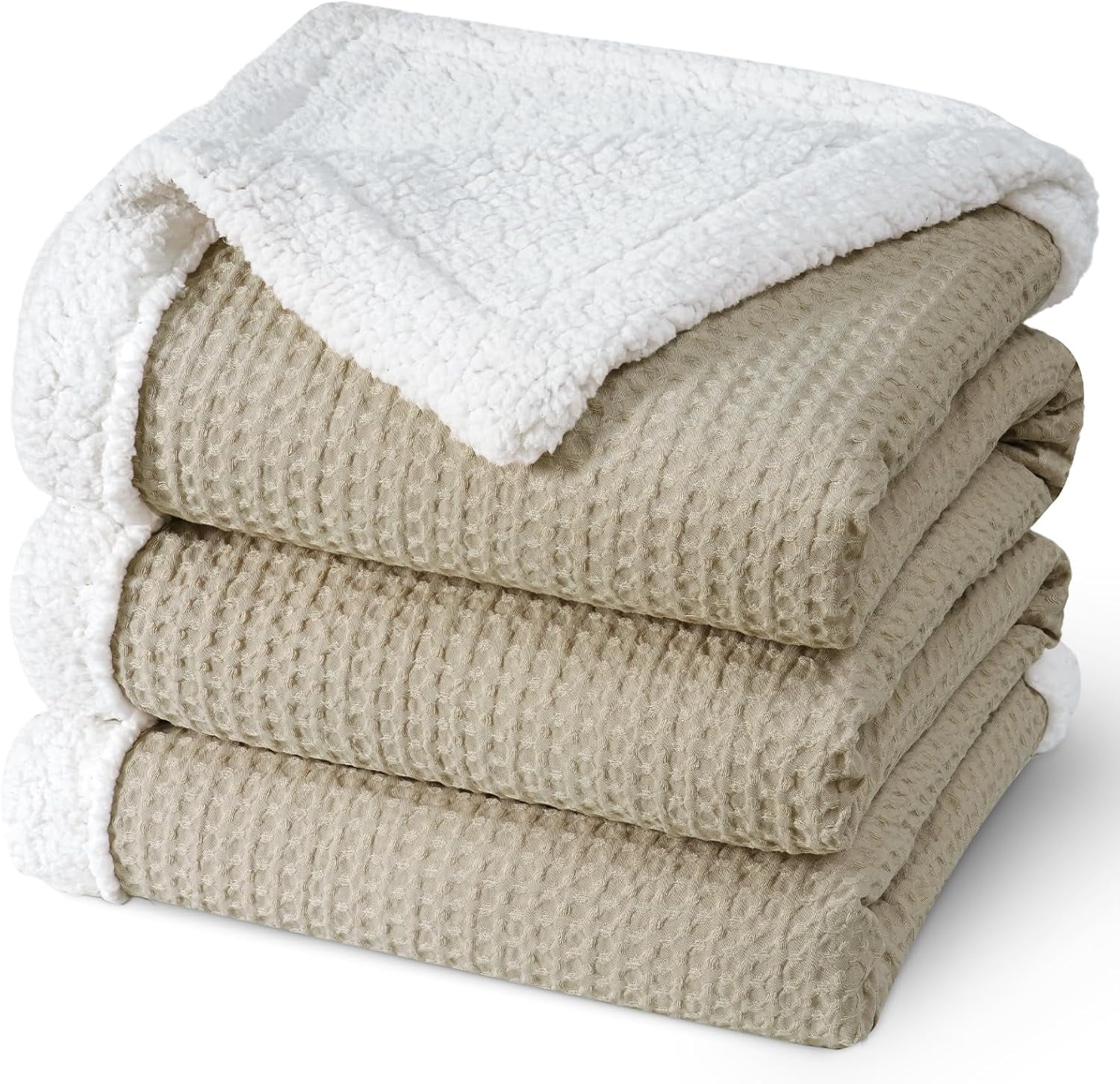 PHF Waffle Sherpa Bed Blanket Twin Size, Cozy Warm Reversible Plush Flannel Blanket for Winter, 60" x 80", Khaki
