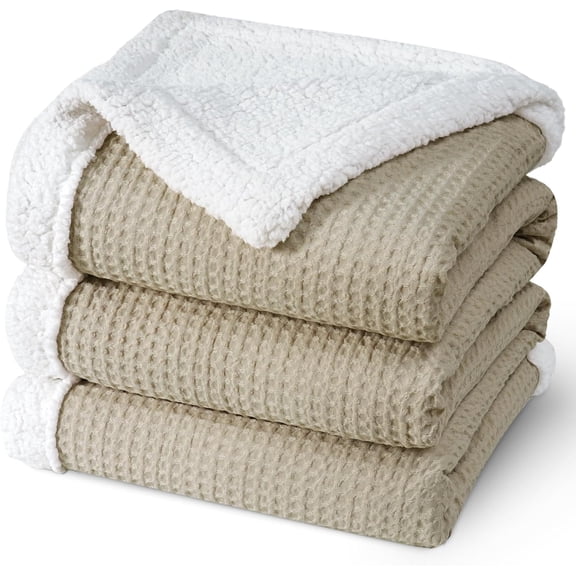PHF Waffle Sherpa Bed Blanket Twin Size, Cozy Warm Reversible Plush Flannel Blanket for Winter, 60" x 80", Khaki
