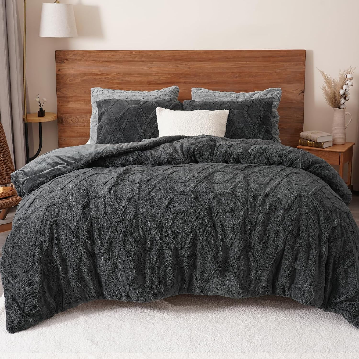 PHF Warm Sherpa Fleece King Comforter Set, 3D Tufted Fluffy Dark Grey Bedding for Winter, Soft 2 Pieces Shaggy Bed Set, 1 Comforter (104"x90") and 2 Pillowcases (20"x36")