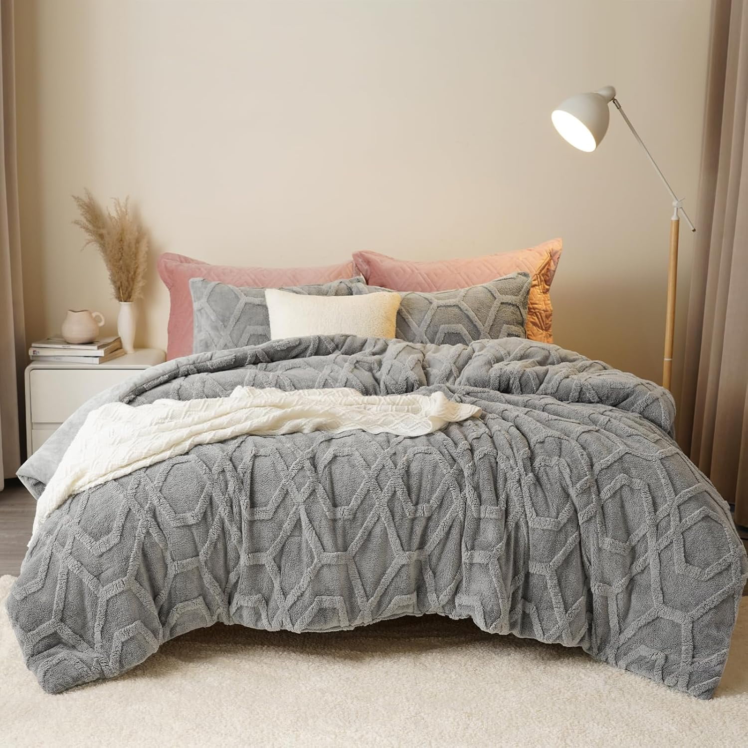 PHF Warm Sherpa Fleece King Comforter Set, 3D Tufted Fluffy Grey Bedding for Winter, Soft 2 Pieces Shaggy Bed Set, 1 Comforter (104"x90") and 2 Pillowcases (20"x36")
