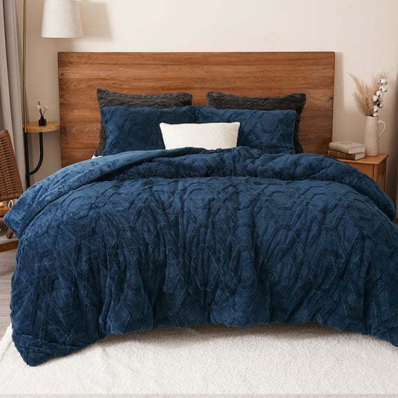 PHF Warm Sherpa Fleece King Comforter Set, 3D Tufted Fluffy Navy Blue Bedding for Winter, Soft 2 Pieces Shaggy Bed Set, 1 Comforter (104"x90") and 2 Pillowcases (20"x36")