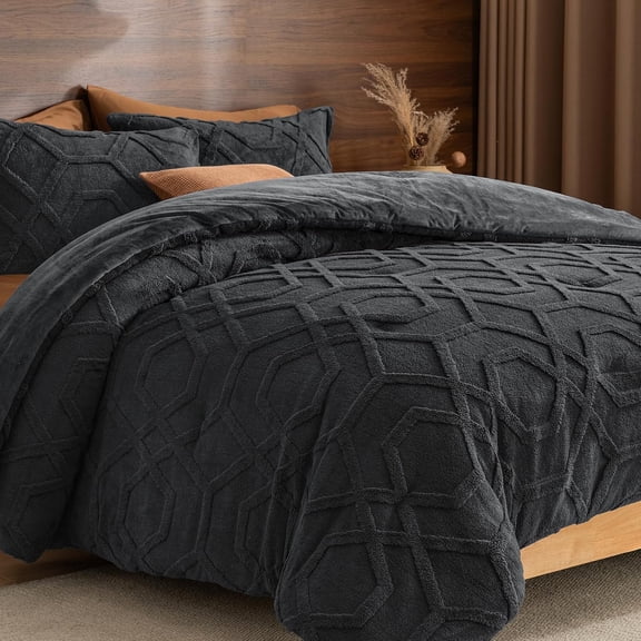 PHF Warm Sherpa Fleece Queen Comforter Set, 3D Tufted Fluffy Dark Grey Bedding for Winter, Soft 3 Pieces Shaggy Bed Set, 1 Comforter (90"x90") and 2 Pillowcases (20"x26")