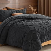 PHF Warm Sherpa Fleece Queen Comforter Set, 3D Tufted Fluffy Dark Grey Bedding for Winter, Soft 3 Pieces Shaggy Bed Set, 1 Comforter 90"x90" and 2 Pillowcases 20"x26"