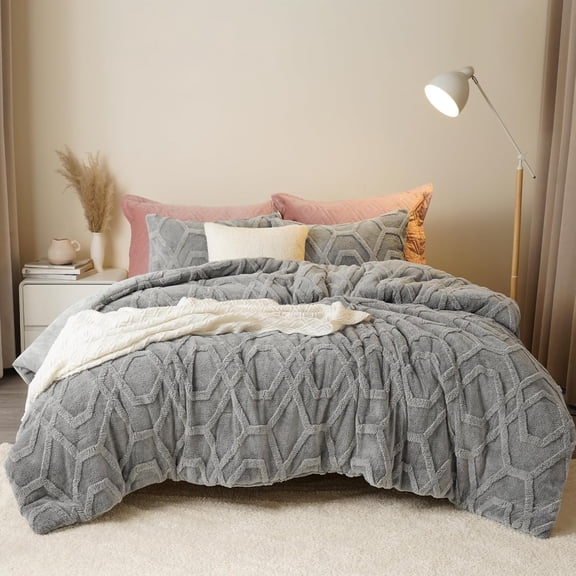 PHF Warm Sherpa Fleece Queen Comforter Set, 3D Tufted Fluffy Grey Bedding for Winter, Soft 3 Pieces Shaggy Bed Set, 1 Comforter (90"x90") and 2 Pillowcases (20"x26")