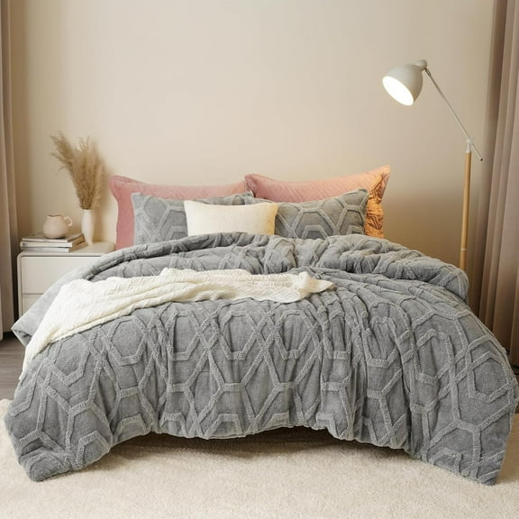 PHF Warm Sherpa Fleece Twin Comforter Set, 3D Tufted Fluffy Grey Bedding for Winter, Soft 2 Pieces Shaggy Bed Set, 1 Comforter (68"x90") and 1 Pillowcase (20"x26")