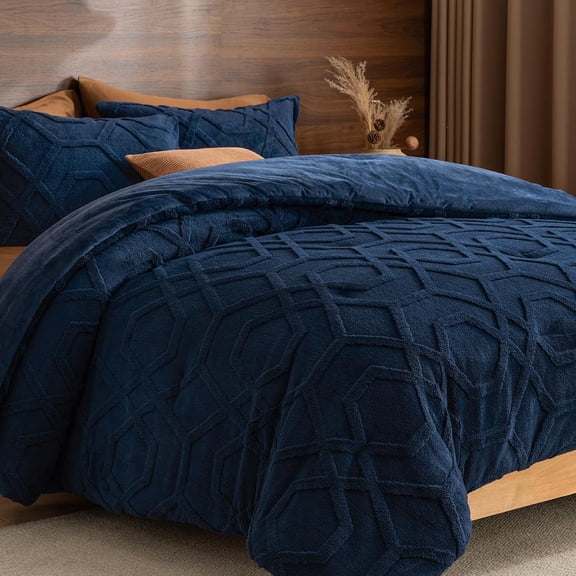 PHF Warm Sherpa Fleece Twin Comforter Set, 3D Tufted Fluffy Navy Blue Bedding for Winter, Soft 2 Pieces Shaggy Bed Set, 1 Comforter (68"x90") and 1 Pillowcase (20"x26")
