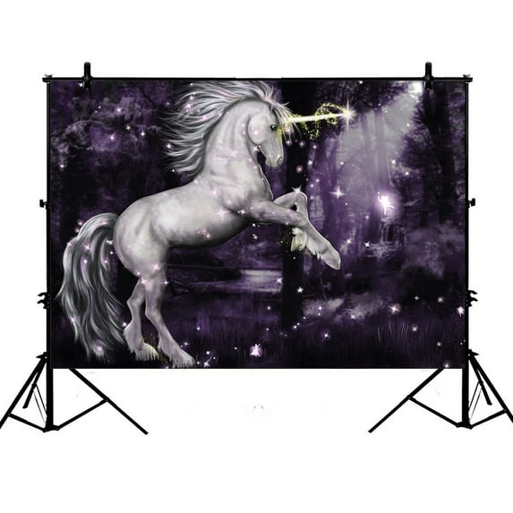 PHFZK 7x5ft Animal Backdrops, Unicorn Surrounded By Magic Dancing at Night in the Moonlight Photography Backdrops Polyester Photo Background Studio Props