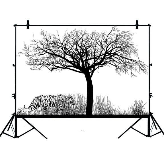 PHFZK 7x5ft Black and White Tree Backdrops, Tiger in Tall Dry Grass Photography Backdrops Polyester Photo Background Studio Props