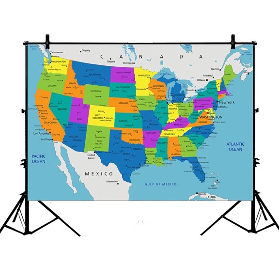PHFZK 7x5ft Educational Backdrops, Colorful United States of America Political Map Photography Backdrops Polyester Photo Background Studio Props