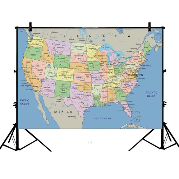 PHFZK 7x5ft Educational Backdrops, United States of America Map Photography Backdrops Polyester Photo Background Studio Props