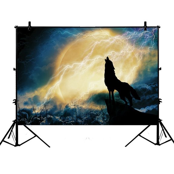 PHFZK 7x5ft Night Sky Backdrops, Black Wolf Silhouette Howling Thunderstorm Full Moon Nature Art Photography Backdrops Polyester Photo Background Studio Props