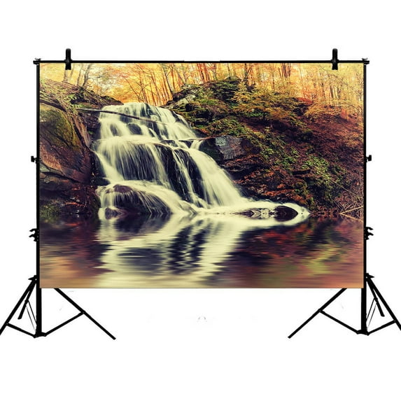 PHFZK 7x5ft Scenery Backdrops, Vintage Autumn Landscape with Waterfall and Lake Photography Backdrops Polyester Photo Background Studio Props