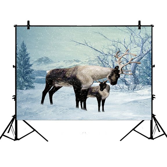 PHFZK 7x5ft Winter Landscape Backdrops, Animal Reindeer in the Snow Photography Backdrops Polyester Photo Background Studio Props