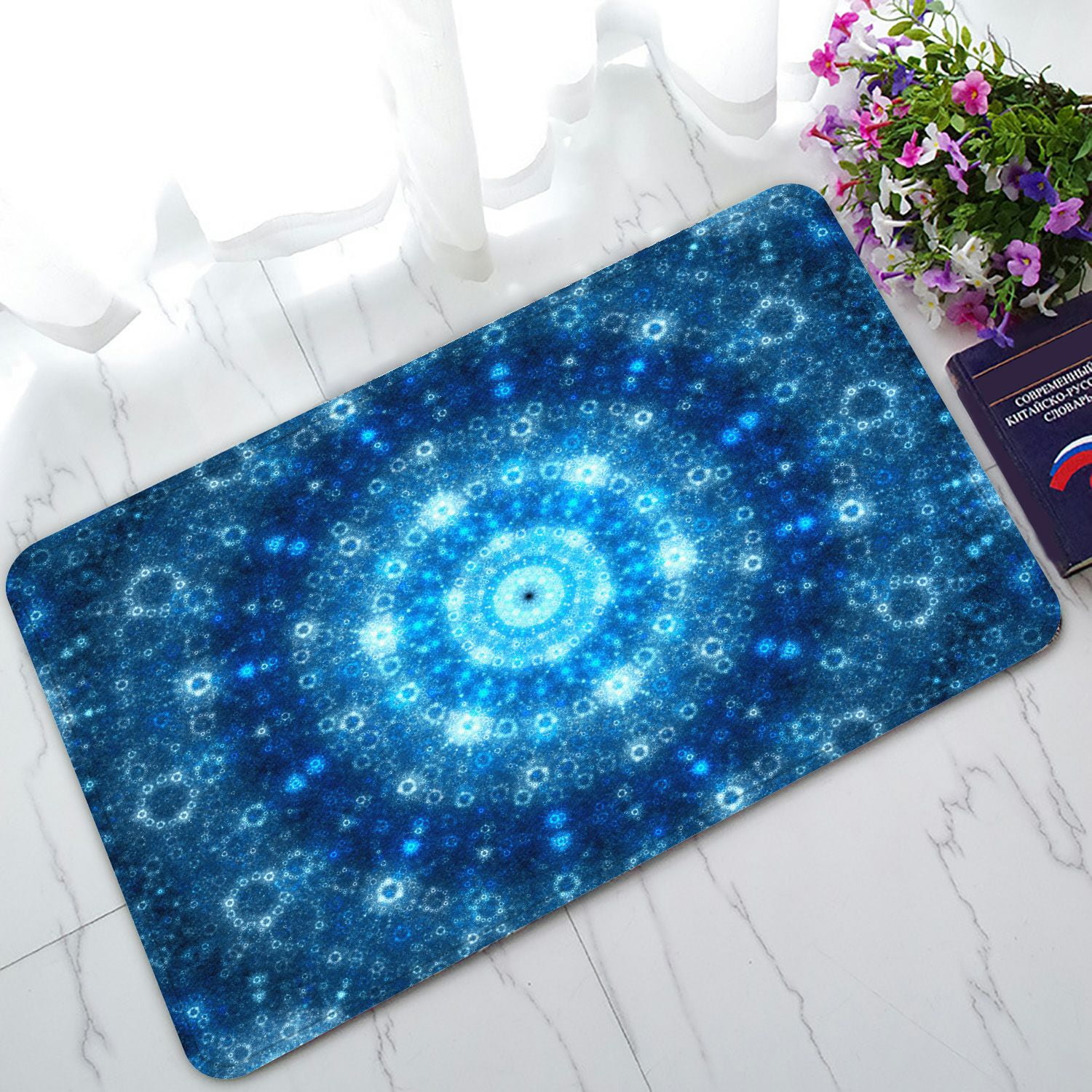 PHFZK Abstract Doormat Art, Blue Glowing Spherical Fractal Artwork