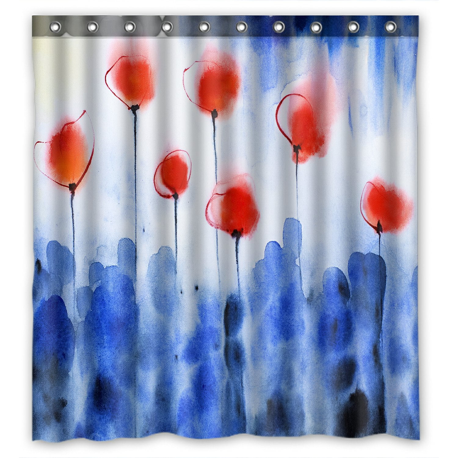 PHFZK Abstract Poppy Shower Curtain, Watercolor Poppy Floral Red
