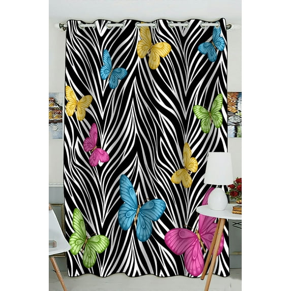 PHFZK Animal Window Curtain, Colorful Butterflies on Zebra Prints Window Curtain Blackout Curtain For Bedroom living Room Kitchen Room 52x84 inches One Piece