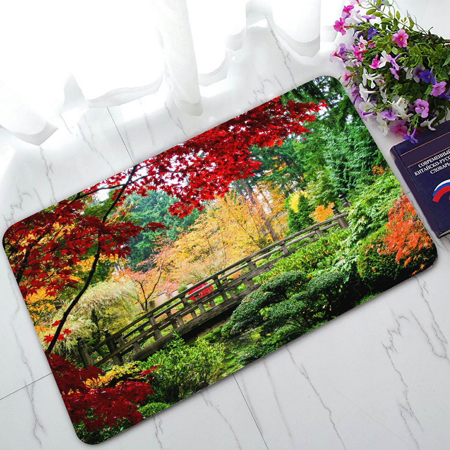 PHFZK Asian Doormat, Bridge in Japanese Garden during Fall Season