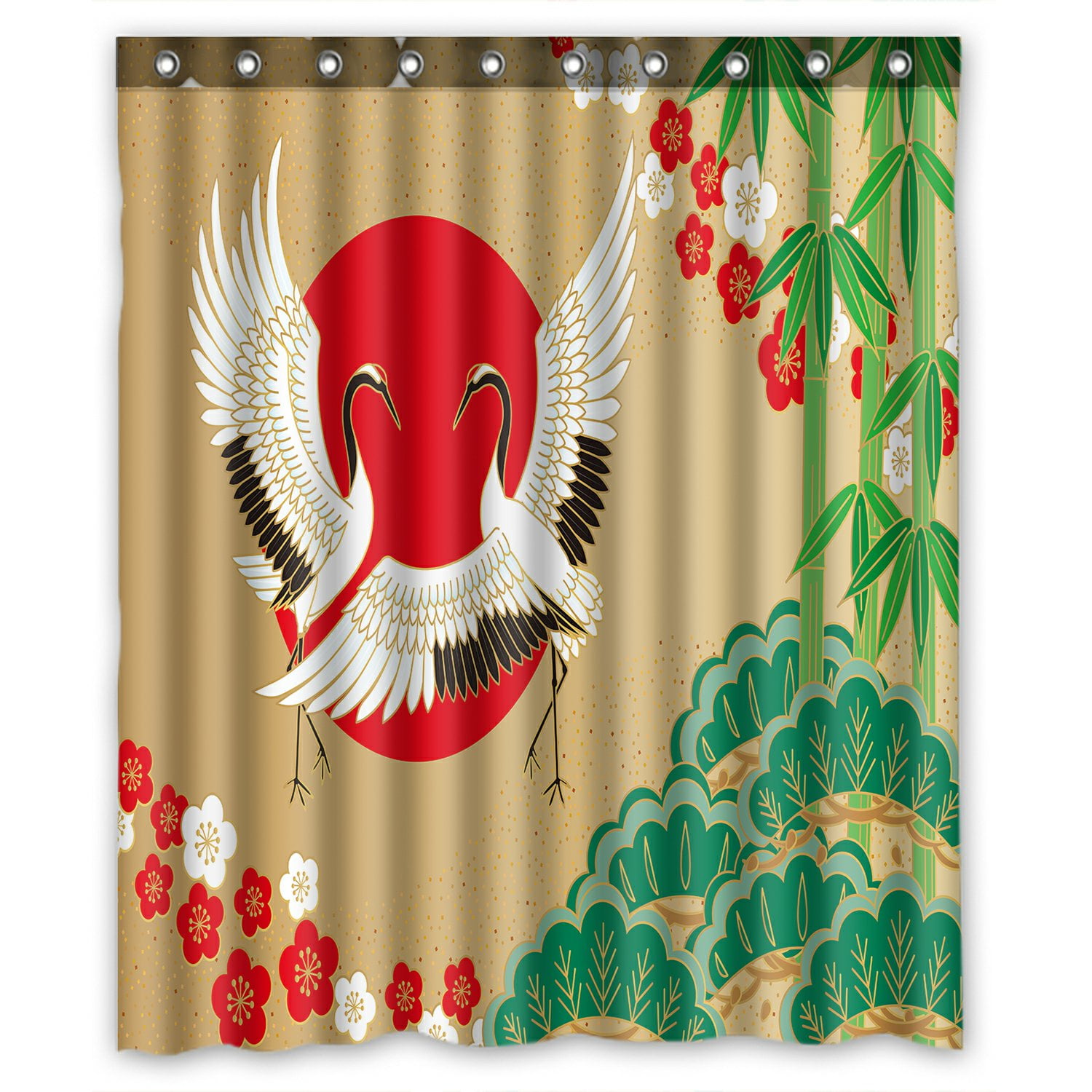 PHFZK Asian Shower Curtain, Japanese Style with Cranes and Pine Bamboo