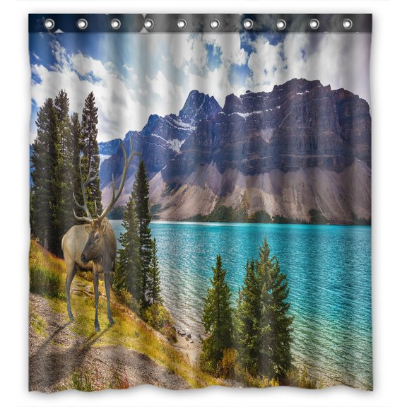 PHFZK Beautiful Blue Sky Cloud Shower Curtain, Deer on the Bank of Azure Lake Rocky Mountain Polyester Fabric Bathroom Shower Curtain 66x72 inches