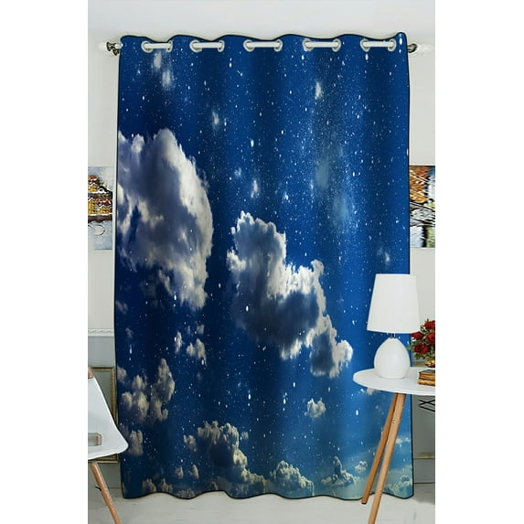 PHFZK Cloud Window Curtain, Night Sky with Stars Window Curtain Blackout Curtain For Bedroom living Room Kitchen Room 52x84 inches One Piece