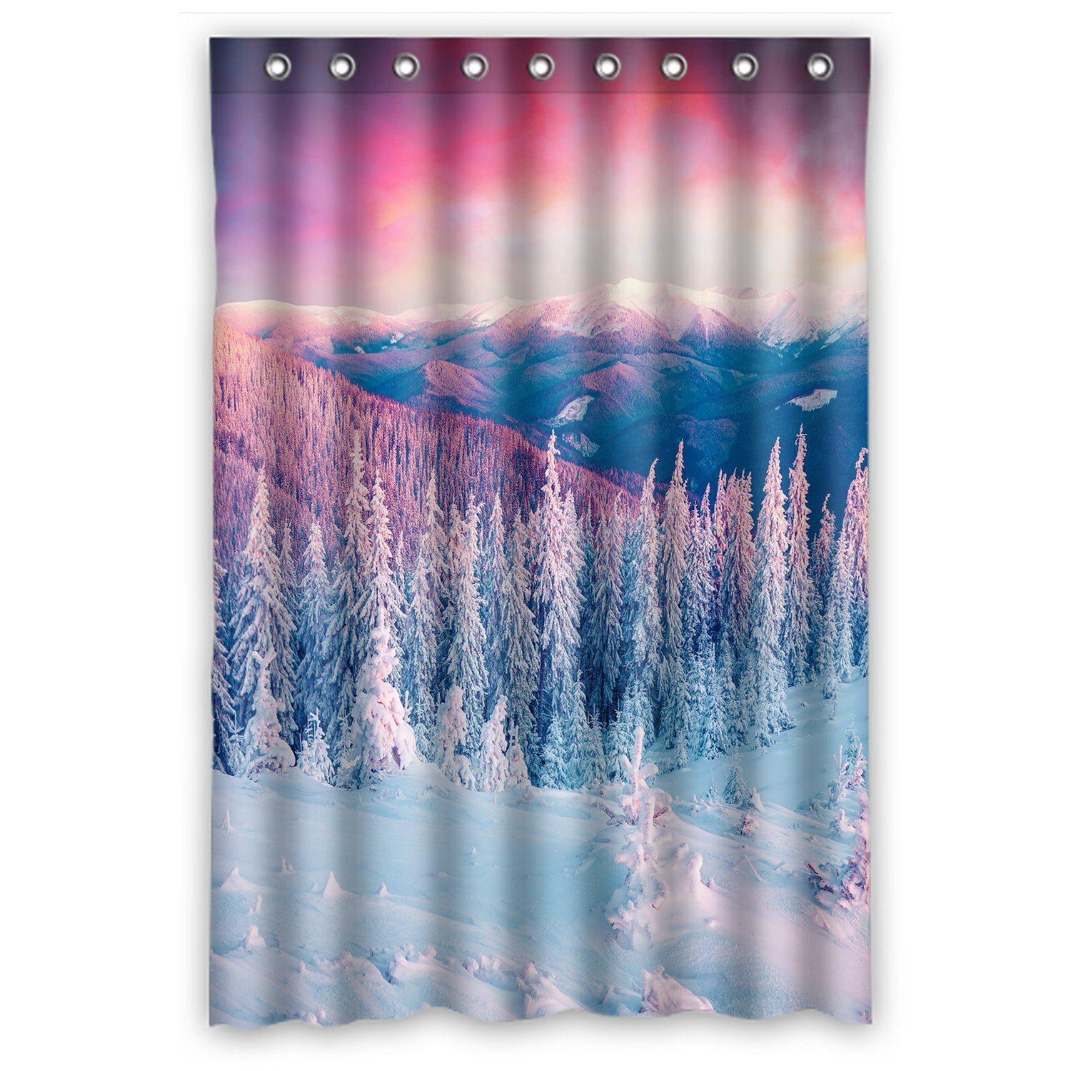 JAWO Mountain Forest Scene Fabric Shower Curtain – 48x72 Inch Rustic Pine Tree Design With Grommets