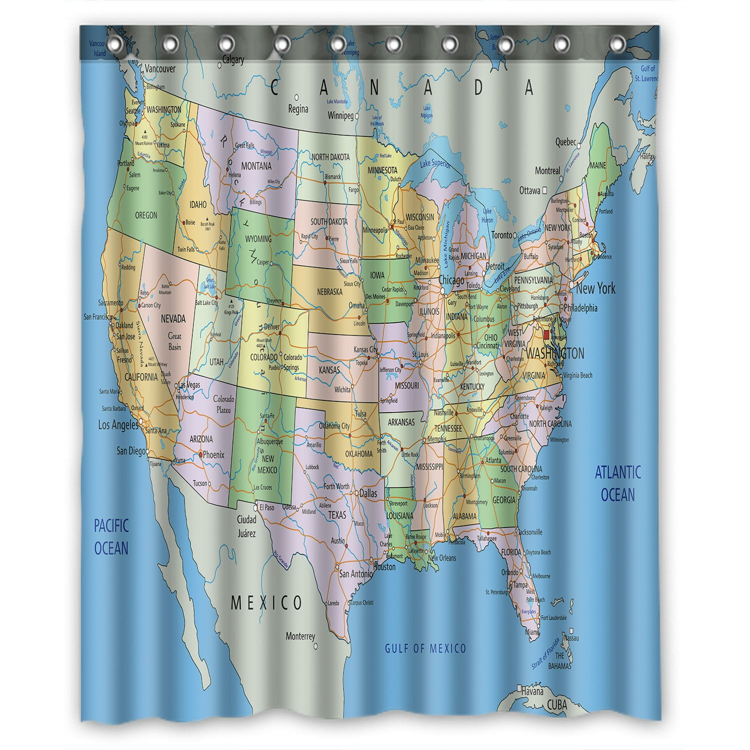 PHFZK Educational Shower Curtain, United States of America Map Polyester Fabric Bathroom Shower