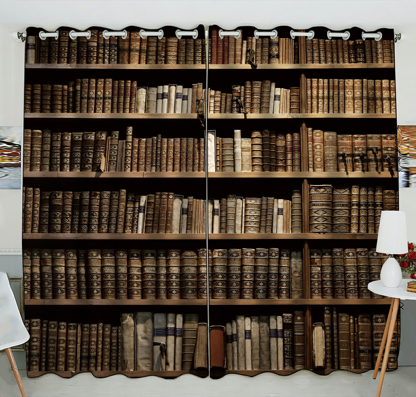 PHFZK Educational Window Curtain, Old Library Books Bookshelf Window ...