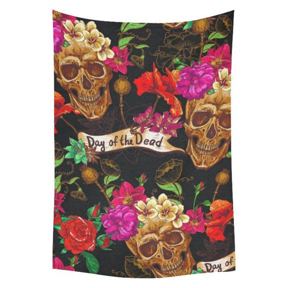 PHFZK Floral Skull Wall Art Home Decor, Skeleton Day of The Dead Tapestry Wall Hanging 40 X 60 Inches