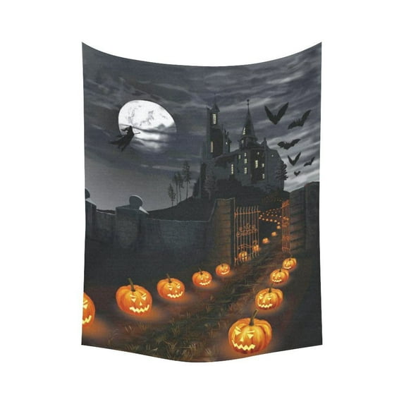 PHFZK Full Moon Wall Art Home Decor, Halloween Wizard Pumpkin Castle Tapestry Wall Hanging 60 X 80 Inches