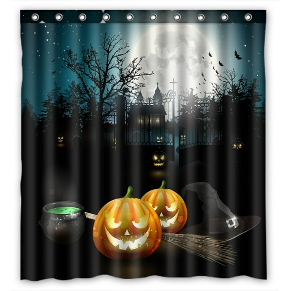 PHFZK Halloween Theme Shower Curtain, Moon Pumpkin Castle Polyester Fabric Bathroom Shower Curtain 66x72 inches