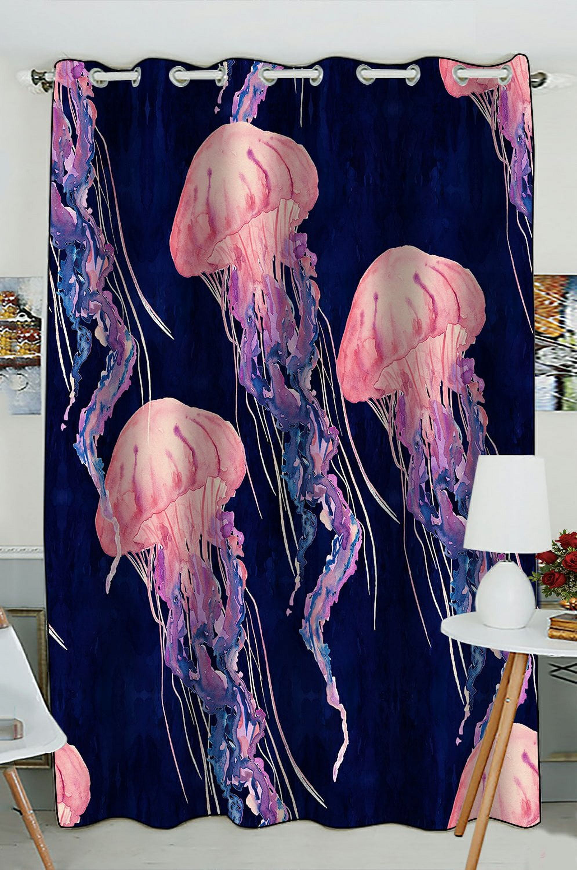 PHFZK Jelly Fish Window Curtain, Tropical Beach Magical Jellyfish Blue