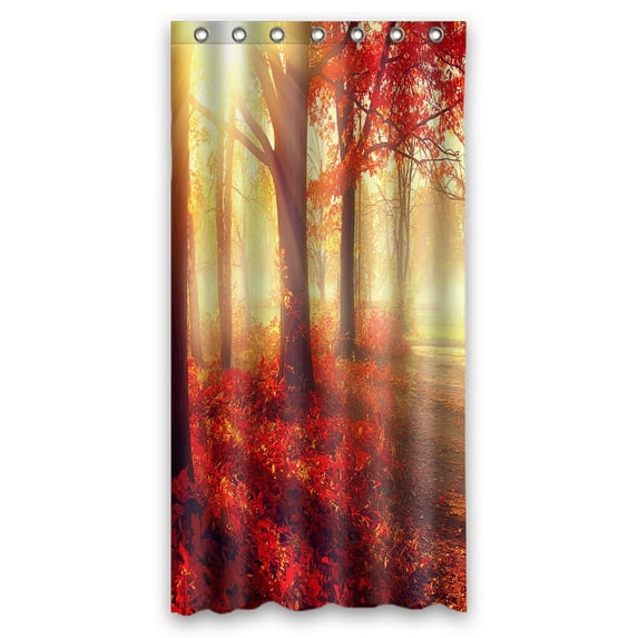 PHFZK Landscape Nature Scene Shower Curtain, Autumn Trees and Leaves in Foggy Forest at Sunrise Polyester Fabric Bathroom Shower Curtain 36x72 inches