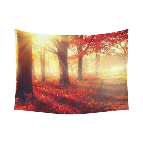 PHFZK Landscape Nature Scene Wall Art Home Decor, Autumn Trees and Leaves in Foggy Forest at Sunrise Tapestry Wall Hanging 80 X 60 Inches