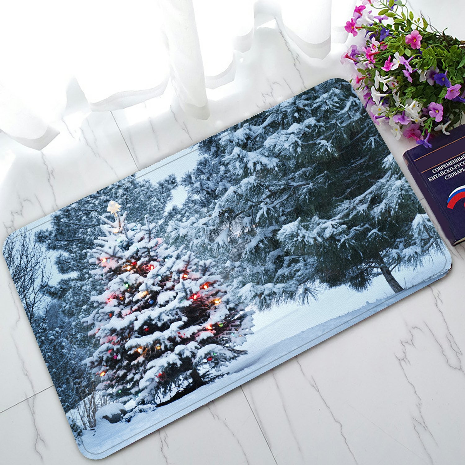 PHFZK Landscape Nature Scenery Doormat, Snow Covered Christmas Tree in