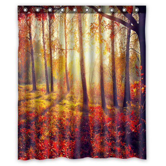 PHFZK Landscape Scenery Shower Curtain, Autumn Trees and Leaves at Sunset Polyester Fabric Bathroom Shower Curtain 60x72 inches