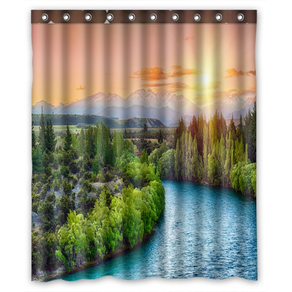 PHFZK Landscape Shower Curtain, Beautiful Sunset over the Lake with Mountain and Forest Polyester Fabric Bathroom Shower Curtain 60x72 inches