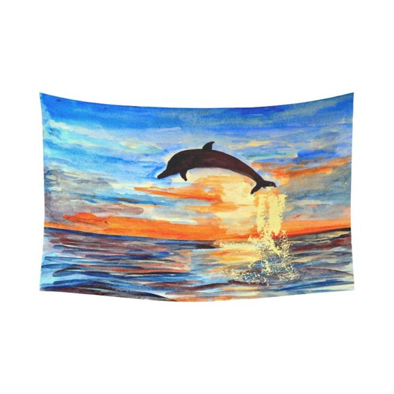 PHFZK Nature Wall Art Home Decor, Oil Painting Dolphin Jumps out of Sea Tapestry Wall Hanging 60 X 90 Inches
