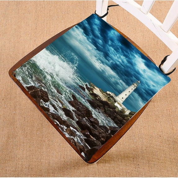 PHFZK Nautical Beach Chair Pad, Lighthouse Ocean Wave Rocky Beautiful Scene Seat Cushion Chair Cushion Floor Cushion Two Sides Size 16x16 inches