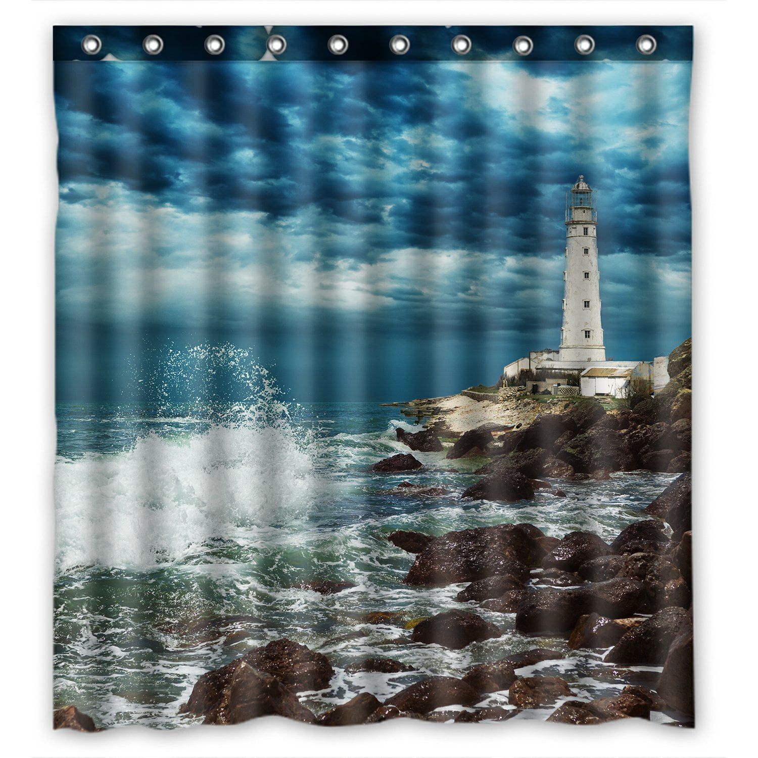PHFZK Nautical Beach Shower Curtain, Lighthouse Ocean Wave Rocky