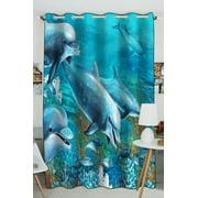 PHFZK Ocean Animal Window Curtain, Underwater World with Dolphins and Coral Reef Window Curtain Blackout Curtain For Bedroom living Room Kitchen Room 52x84 inches One Piece