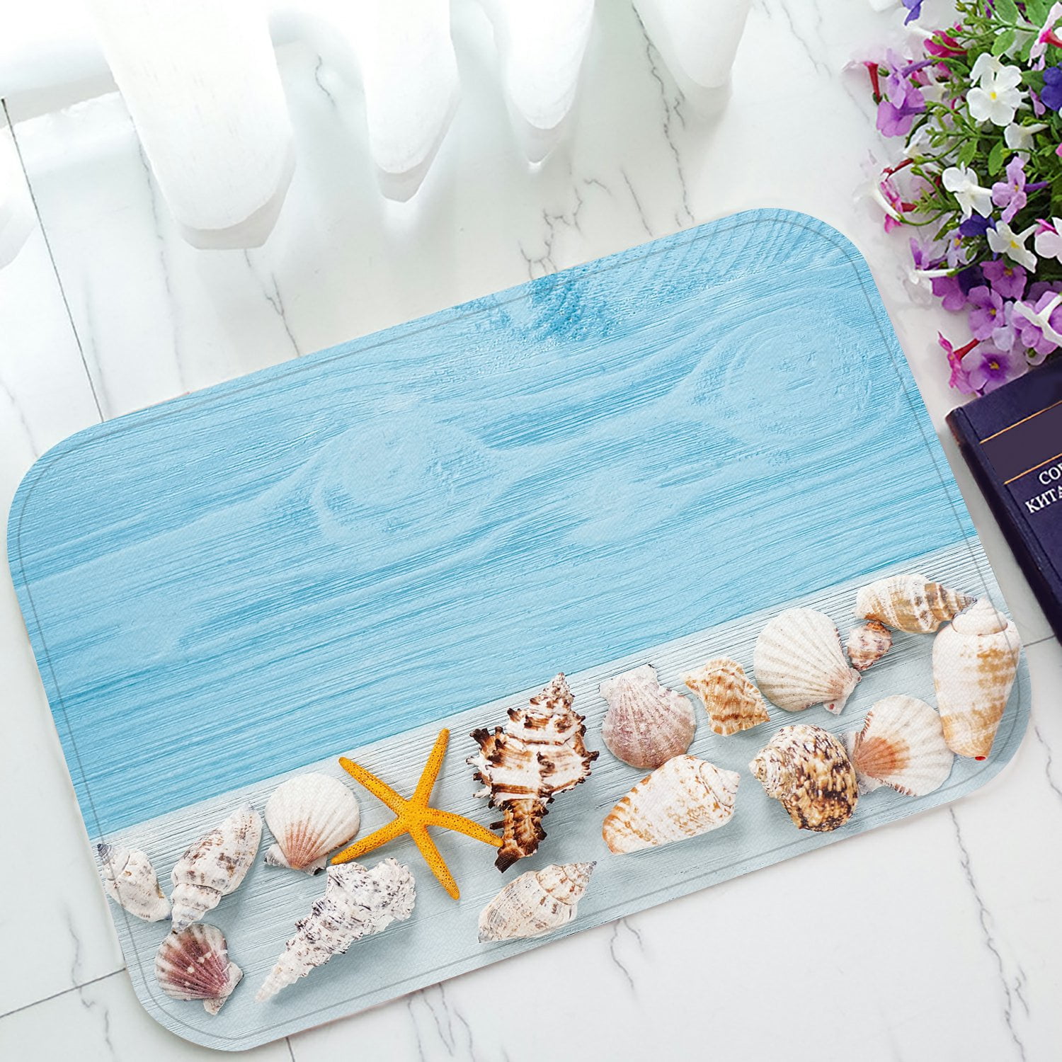 PHFZK Ocean Beach Theme Doormat, Starfish and Seashells on Blue Wooden