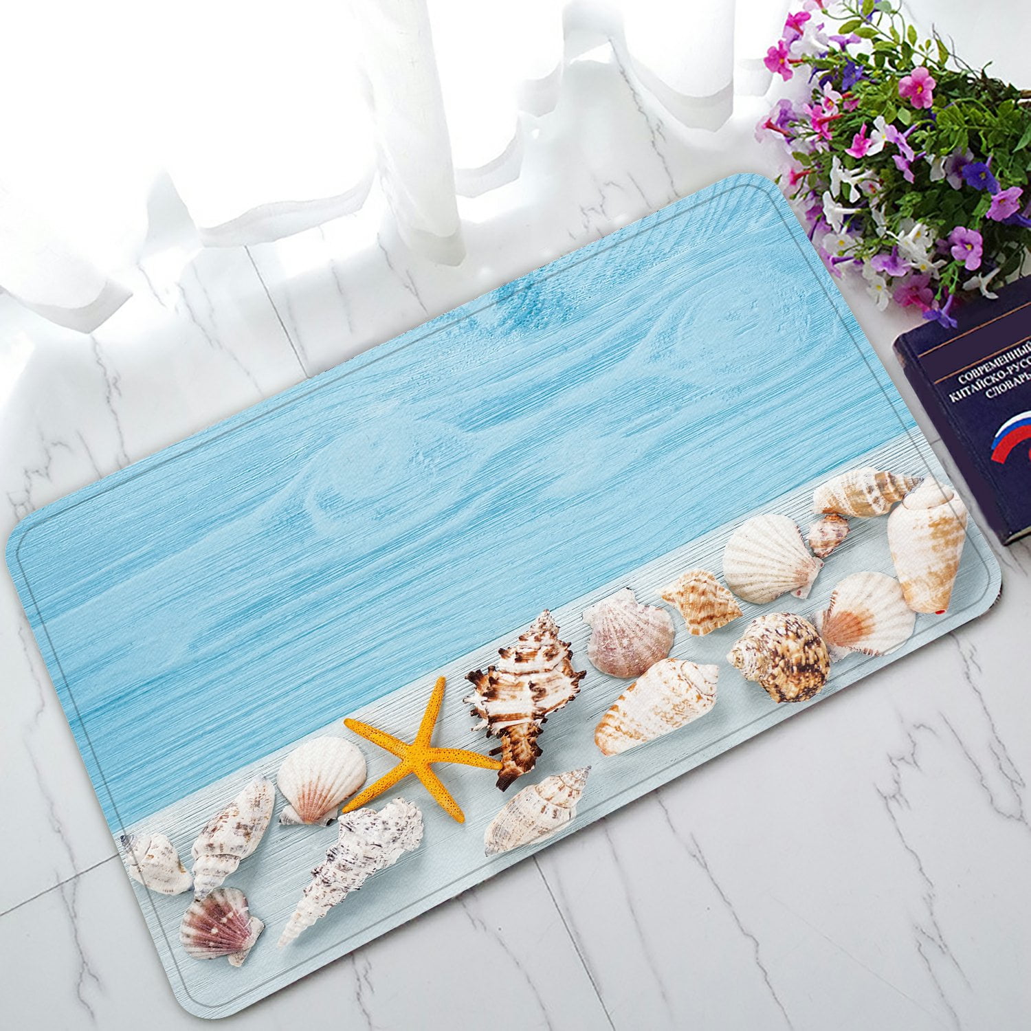PHFZK Ocean Beach Theme Doormat, Starfish and Seashells on Blue Wooden