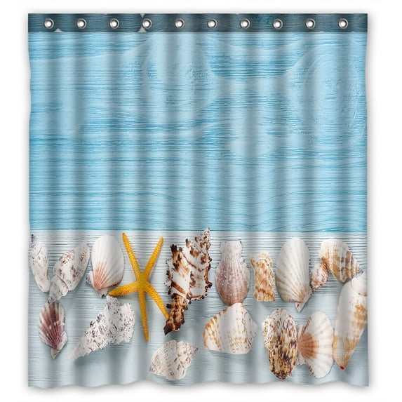 PHFZK Ocean Beach Theme Shower Curtain, Starfish and Seashells on Blue Wooden Background Polyester Fabric Bathroom Shower Curtain 66x72 inches
