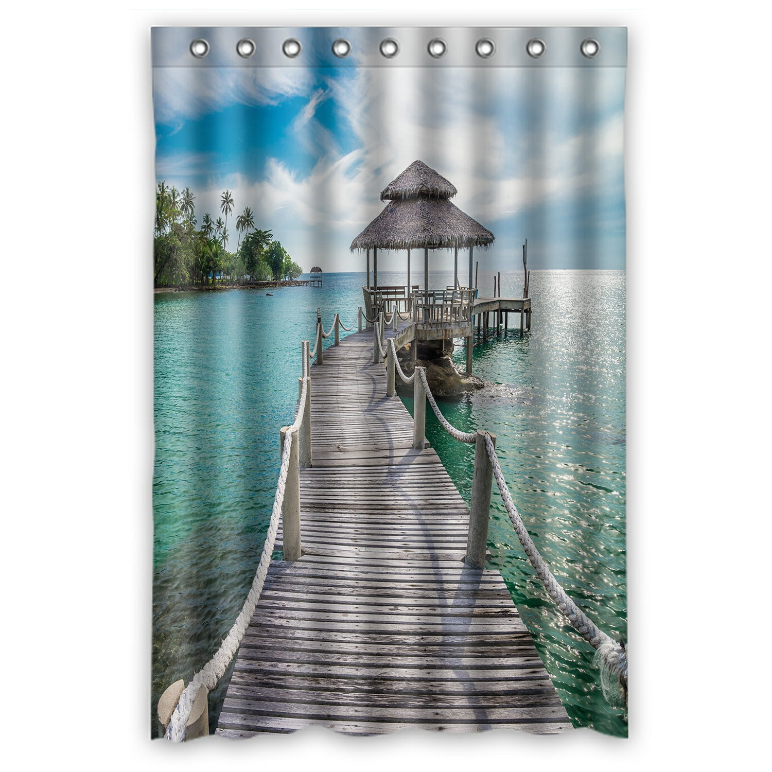 PHFZK Ocean Theme Shower Curtain, Long Wooden Bridge in Beautiful